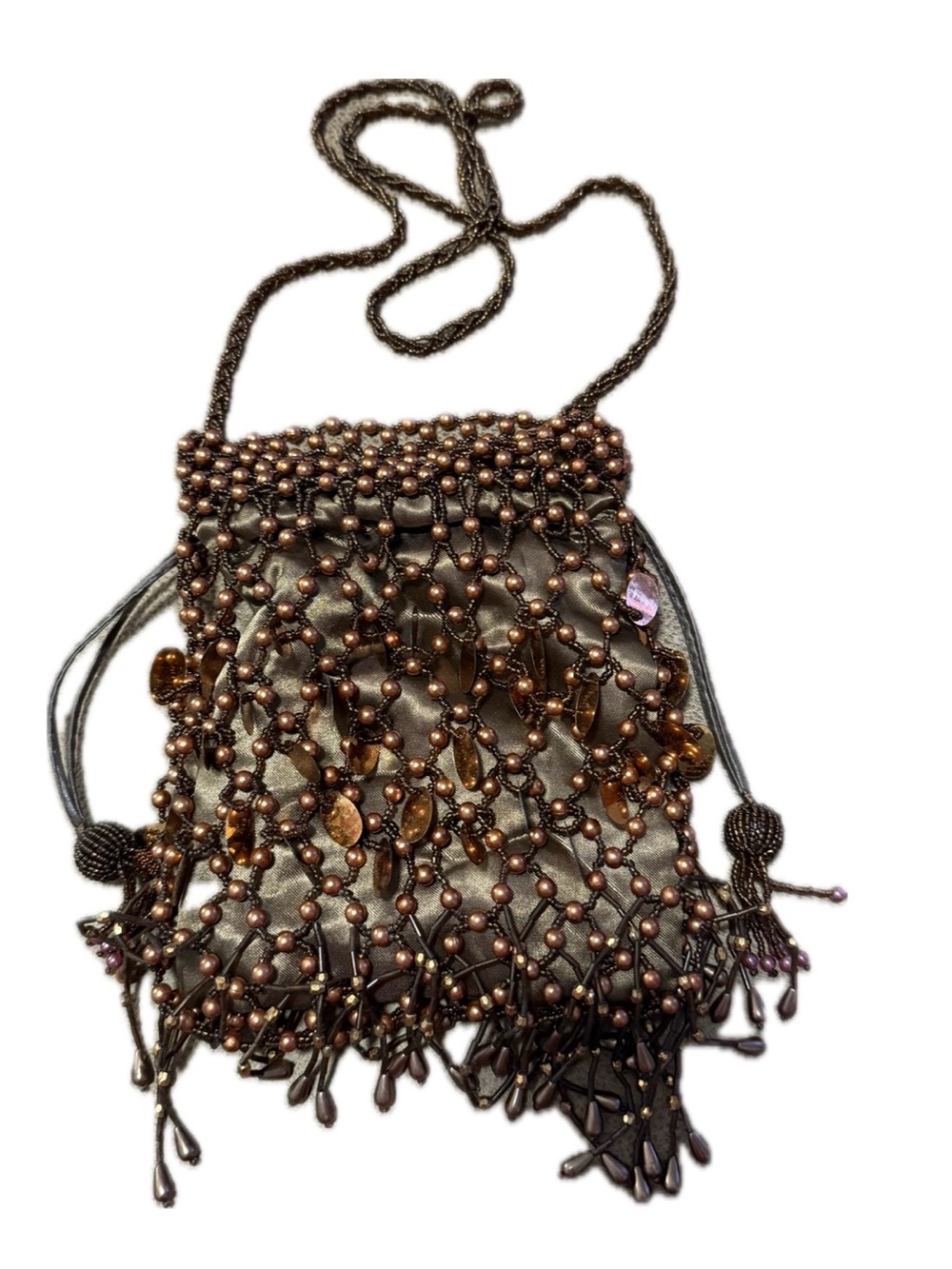 Gorgeous Bronze Beaded Evening Bag / Drawstring Purse – Boho Style